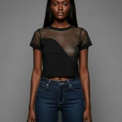 Crop Top |  Asymmetric Duo Mesh Jersey Short Sleeve