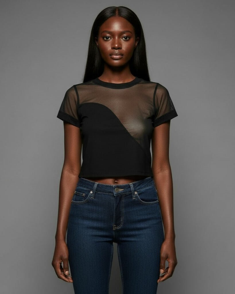 Crop Top |  Asymmetric Duo Mesh Jersey Short Sleeve