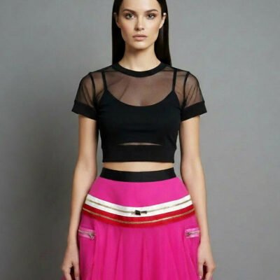 Crop Top | Plain Mesh Jersey Neck & Short Sleeve Trim Crop