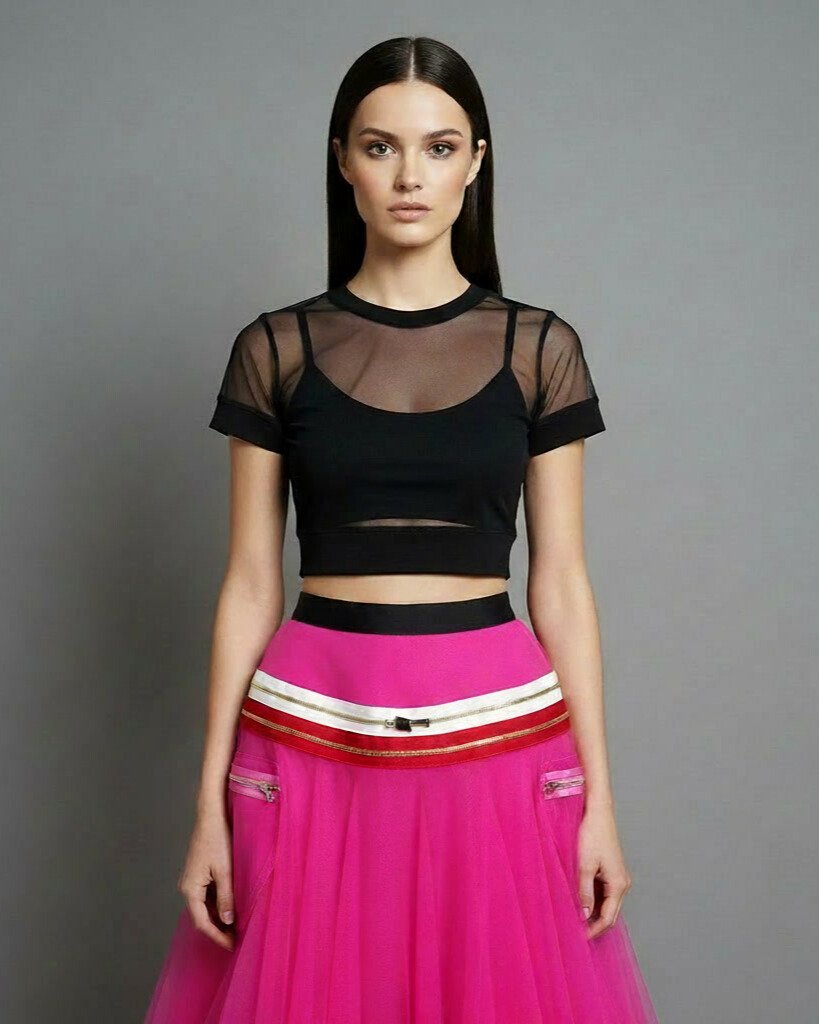 Crop Top | Plain Mesh Jersey Neck & Short Sleeve Trim Crop