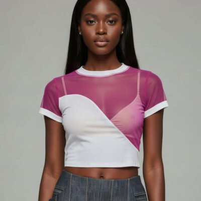 Crop Top | Asymmetric Floral Duo Mesh Jersey Short Sleeve